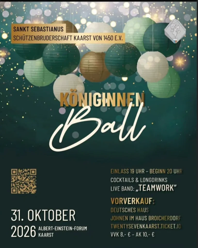 Flyer Königinnenball der Sankt Sebastianus Schützenbruderschaft Kaarst am 31. Oktober 2026 im Albert-Einstein-Forum